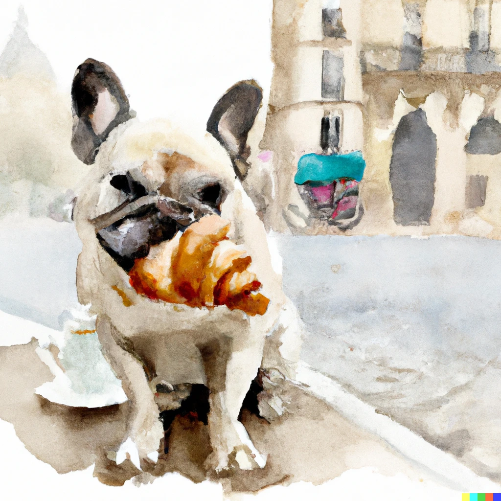 Prompt: a dog eating a croissant in paris in watercolor style