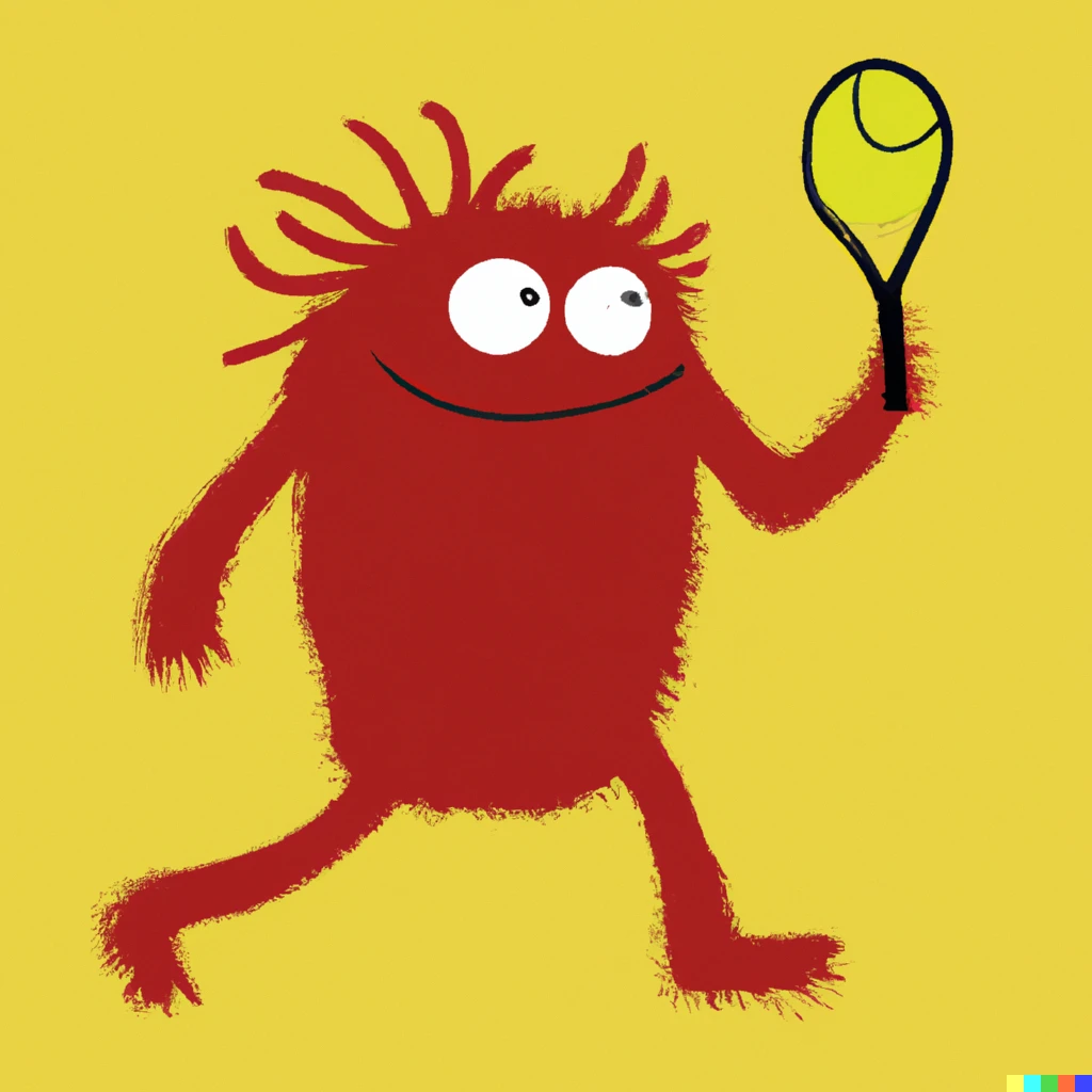 Prompt: red fur monster playing tennis in a yellow background