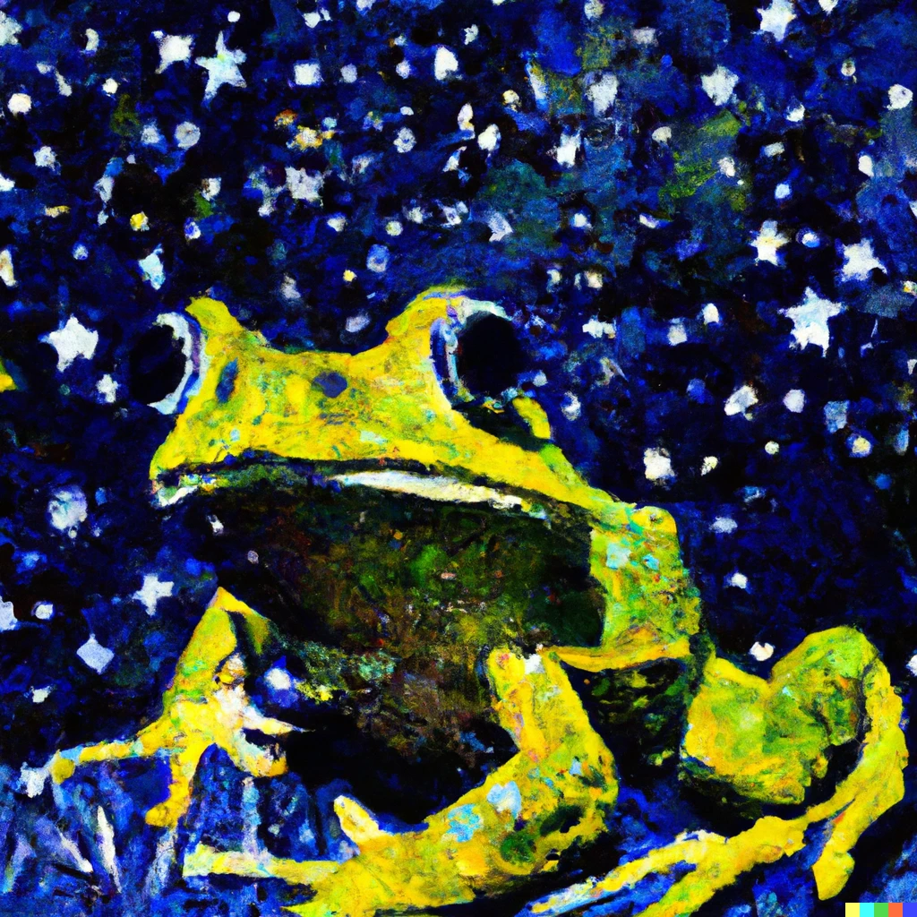 Prompt: a painting of a frog in the style of Starry Night