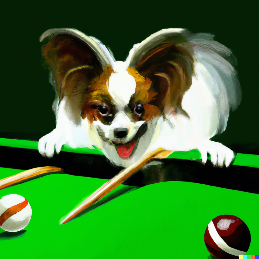 Prompt: papillon dog playing snooker,digital art