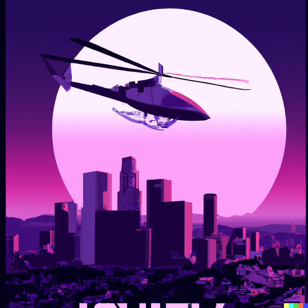 Prompt: Helicopter  against the moonlight over the Los Angeles skyline, synthwave movie poster