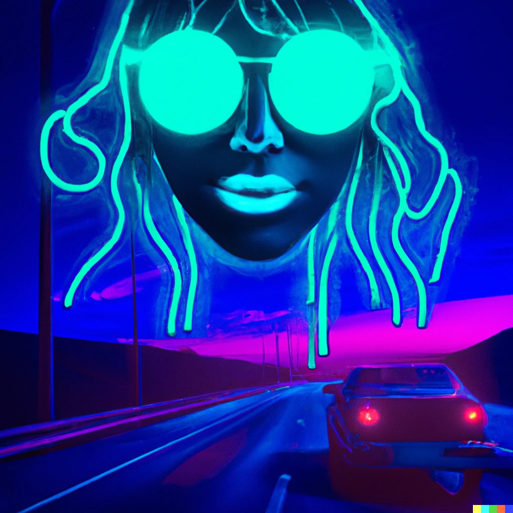 Prompt: futuristic neon lit medusa wearing sunglasses driving down the road, synthwave movie poster