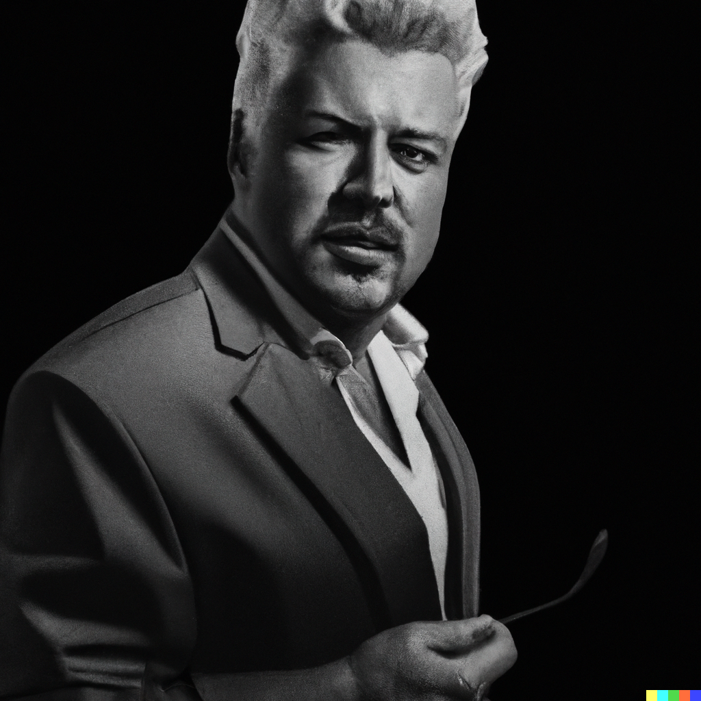 Robert × DALL·E 2 | Guy Fieri as a 1940’s Film Noir protagonist.