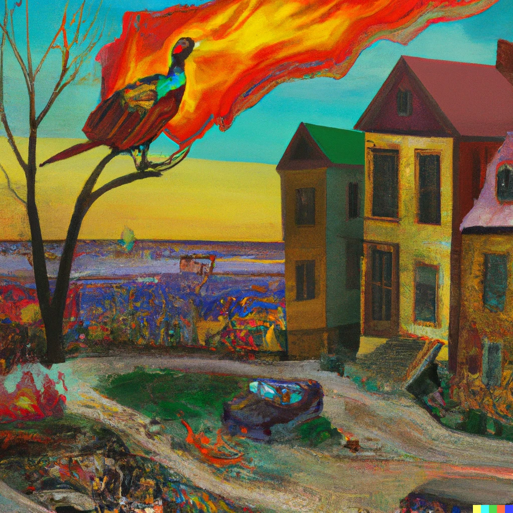 Prompt: A surrealist painting of a Detroit streetscape of old homes with a pheasant in the front yard, and Zug Island belching fire in the background.