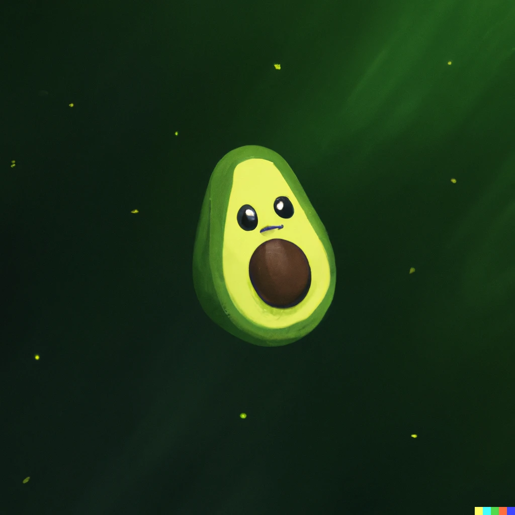 Prompt: Avocado smiling while drifting in space