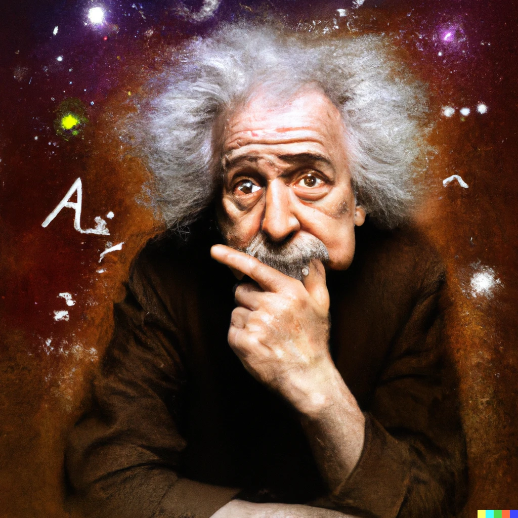 Prompt: Albert Einstein thinking about a new scientific theory about universe