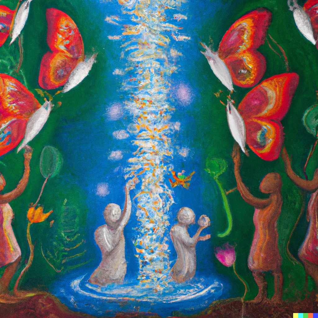 Prompt: oil painting of all beings being happy and free