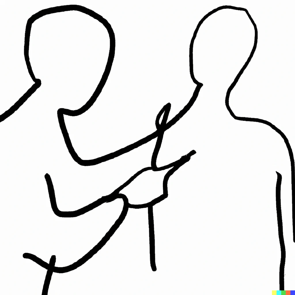 Prompt: single-line drawing made with a thick black marker, one person coaching another