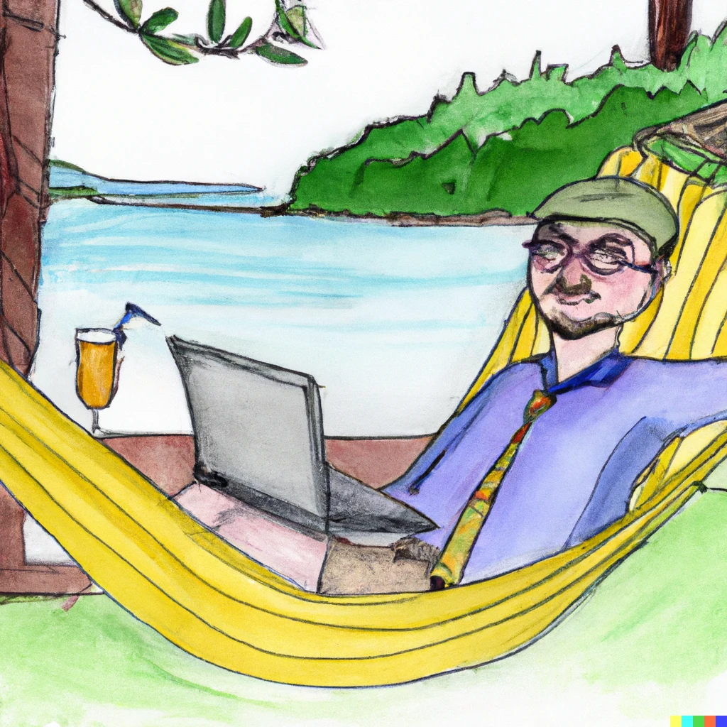 Prompt: Pen and watercolor drawing of a man with a goatee in a hammock, with a bay and trees of Maine in the background, wearing glasses and a hat, working on a laptop and sipping a fancy drink, smiling because he is getting caught up on his E-mail.