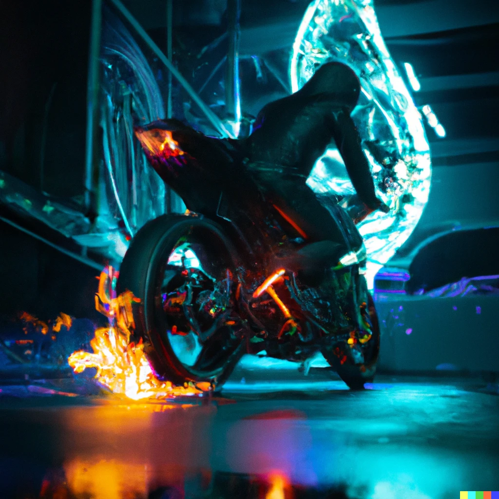 Prompt: cyberpunk person riding a flaming motorcycle in a neon lit alley