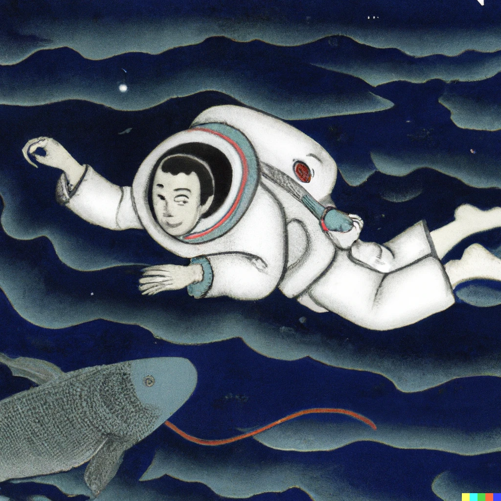 Prompt: astronaut　swimming in EDO, ukiyoe
