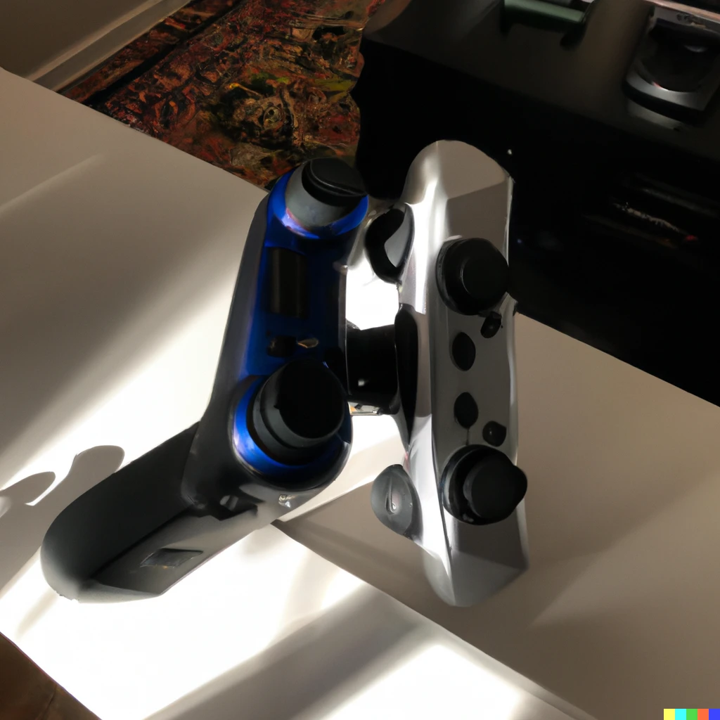 Prompt: PlayStation 6 with arms beating up Xbox 360. It’s on a living room table, this was a feature not a bug 