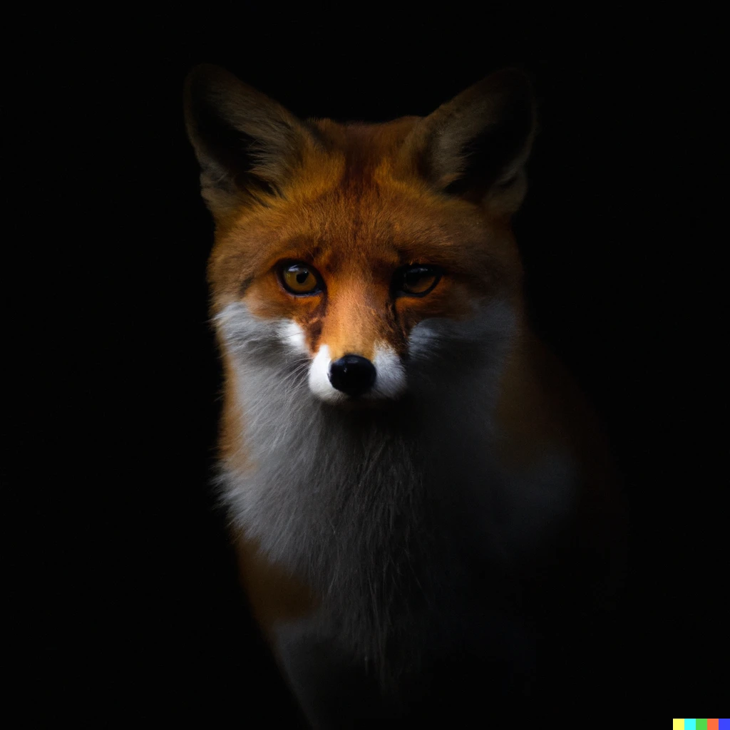 Prompt: a photo of a red fur fox standing in a darkness