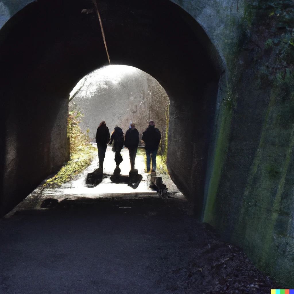 Prompt: Photo of 3 people and a dog walking away from the camera in a dark tunnel with the sunlight streaming in from the top right of the picture. A winter tree can be seen in the top left outside the tunnel and bushes climb the left tunnel wall 