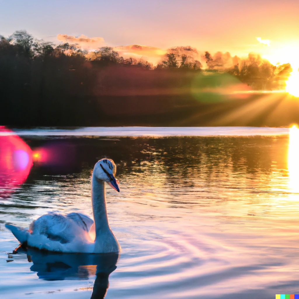 Prompt: Award winning dlsr photo of a Swan on a lake during sunrise in autumn. Light flare is obscuring the detail 
