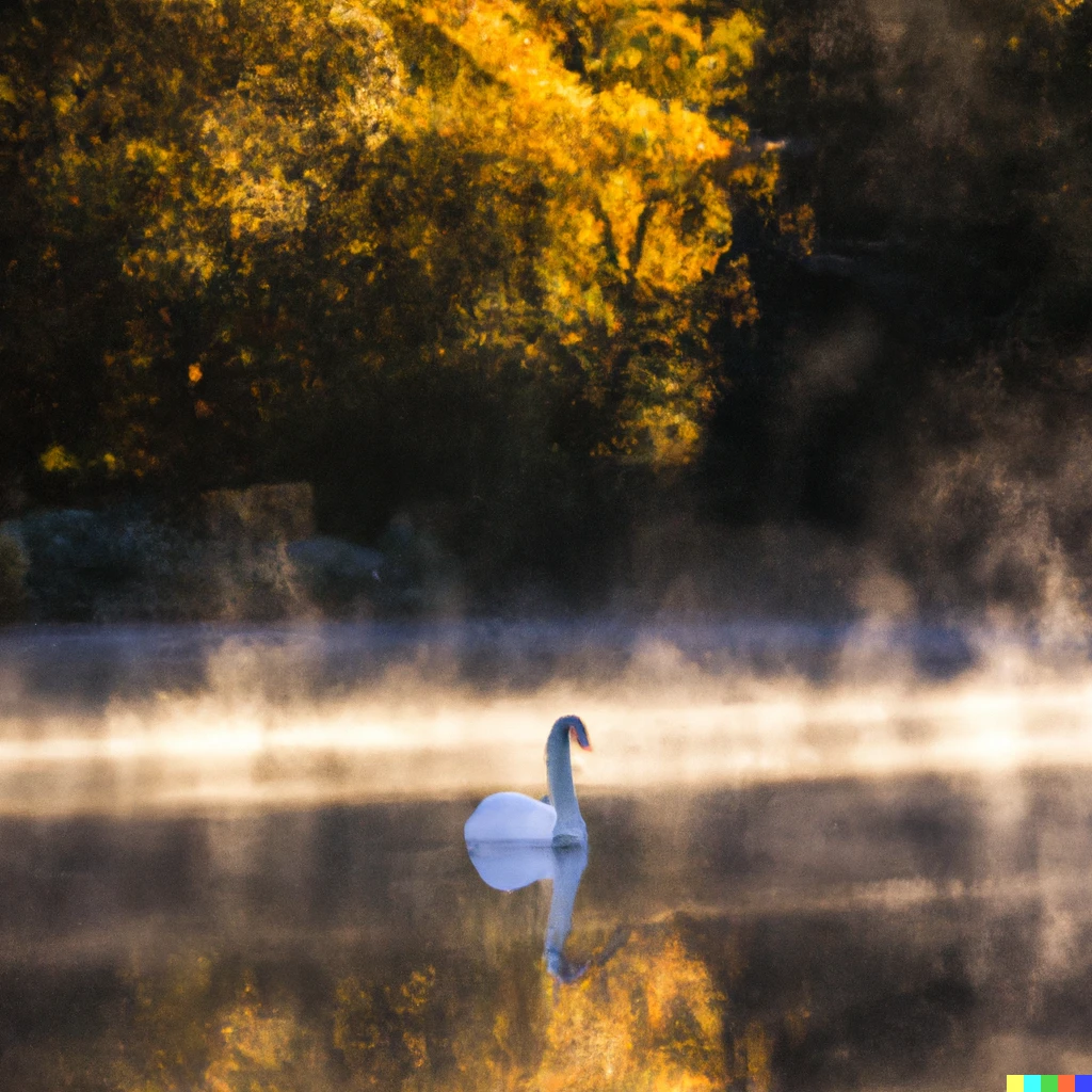 Prompt: Award winning dlsr photo of a Swan on a lake during sunrise in autumn. Light bouncing off the water in the center of the image and steam rising from the water 