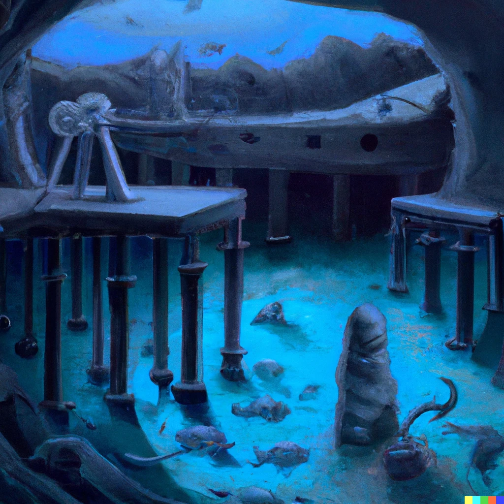 Prompt: an acrylic painting of the Atlantean continent under the sea, with ancient ruins, and high technologies, digital art