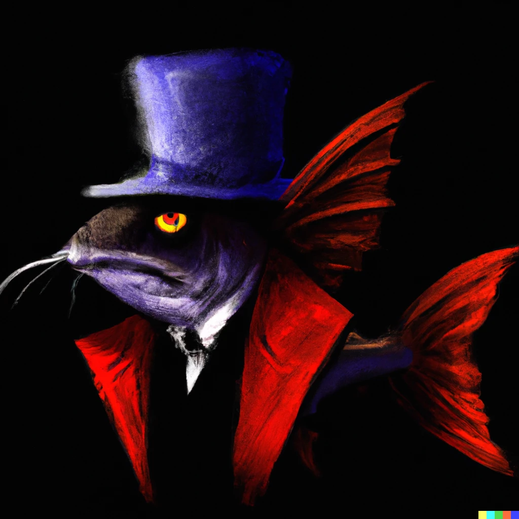 Prompt: A sinister vampire fish dressed in the style of a 19th century dandy emerging from the shadows, digital art.