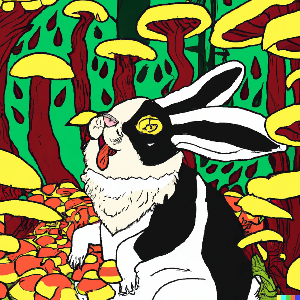 Prompt: A big rabbit called Sully likes eating chips in a garden full of psychedelic mushrooms while listening to Bjork sing