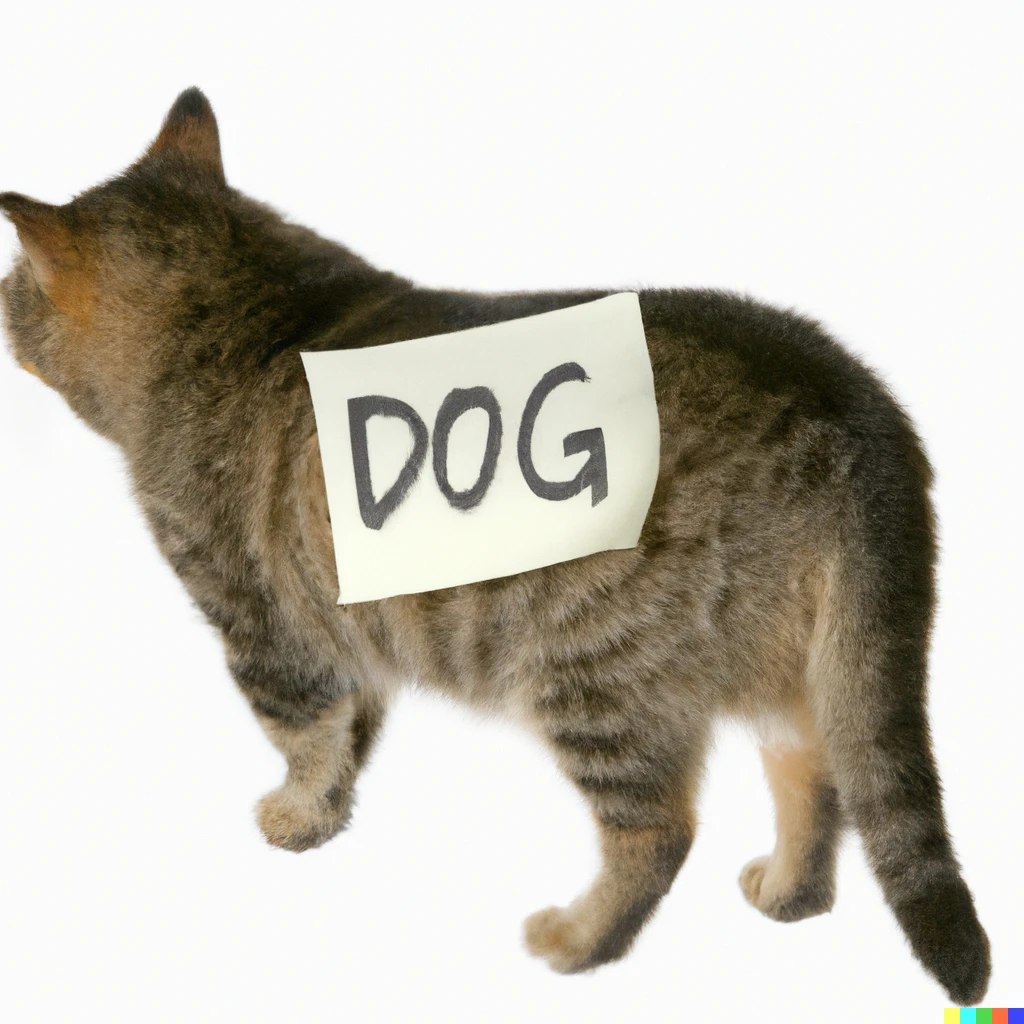 Prompt: A cat with a note on its back. The note says "dog".