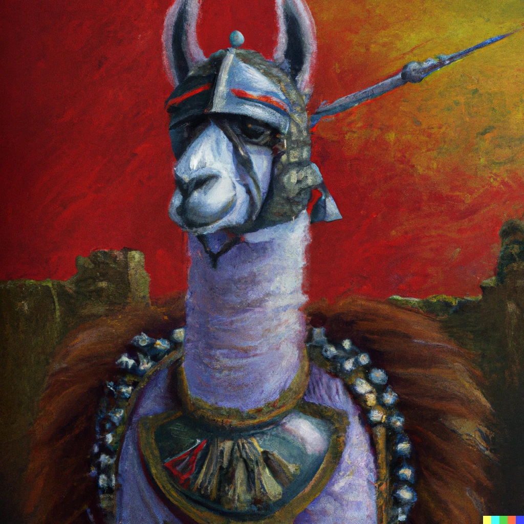 Prompt: Llama dressed in battle armor, oil painting