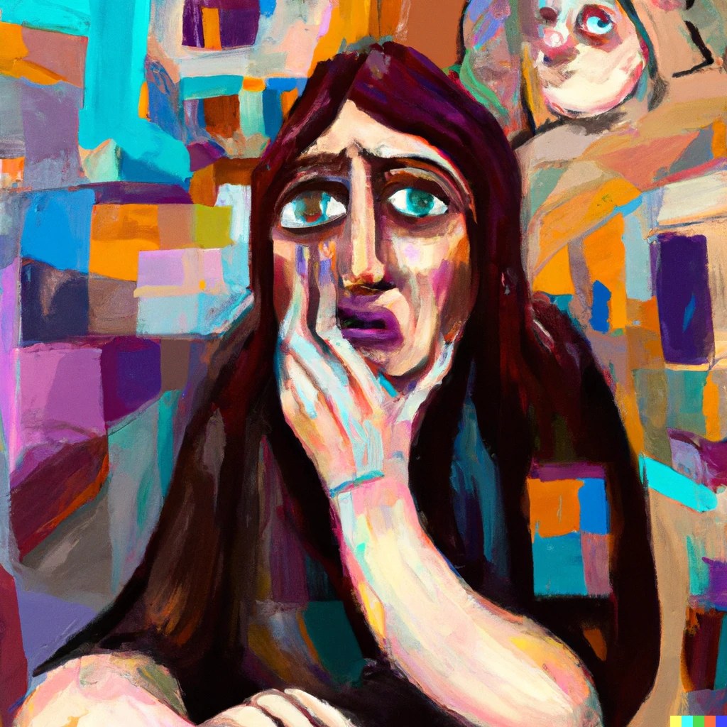 Prompt: A digital-art cubist painting of a women's frustration after realizing her expectations are grandiose, unrealistic and unattainable. 