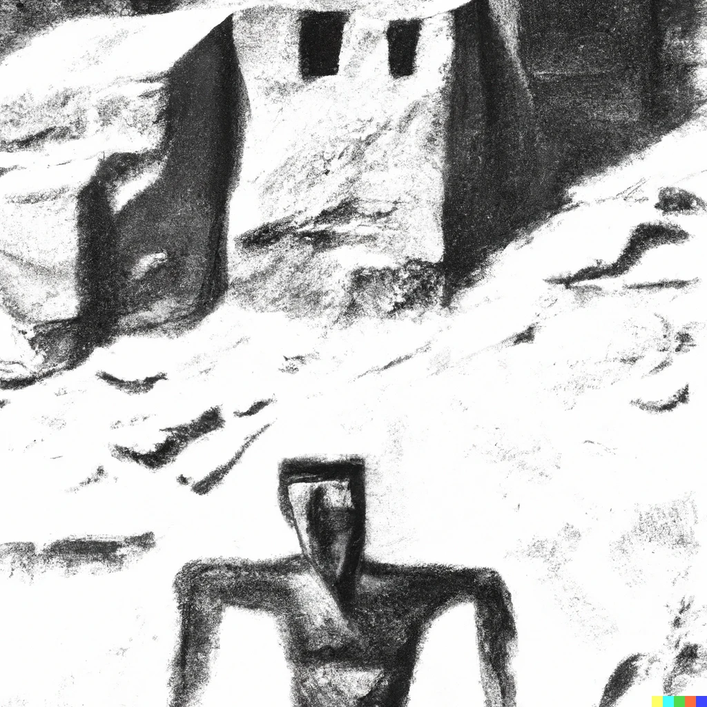 Prompt: A black and white chalk drawing of the last anazasi in Chaco Canyon