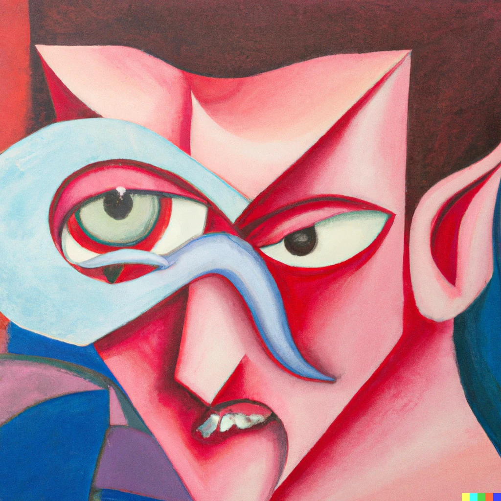 Prompt: A cubist oil painting of a demon removing a soul, from a human, through the human's nose
