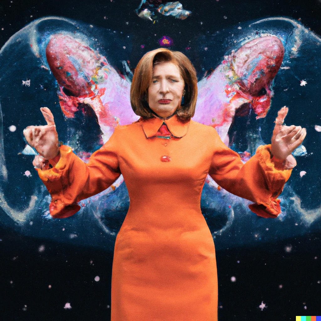 Prompt: Nancy Pelosi defending Taiwan in the style of Mike Winkelmann