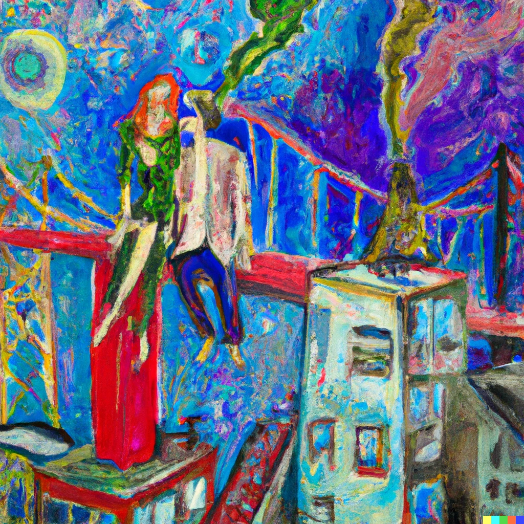 Prompt: painting of Brooklyn Hipster couple smoking cigarettes on the roof with the Williamsburg bridge in the background, in the style of Chagall