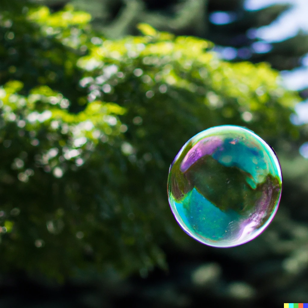 Prompt: Photograph of a giant bubble floating over a backyard. There is a tree in the background, out of focus. It is a sunny summer day.