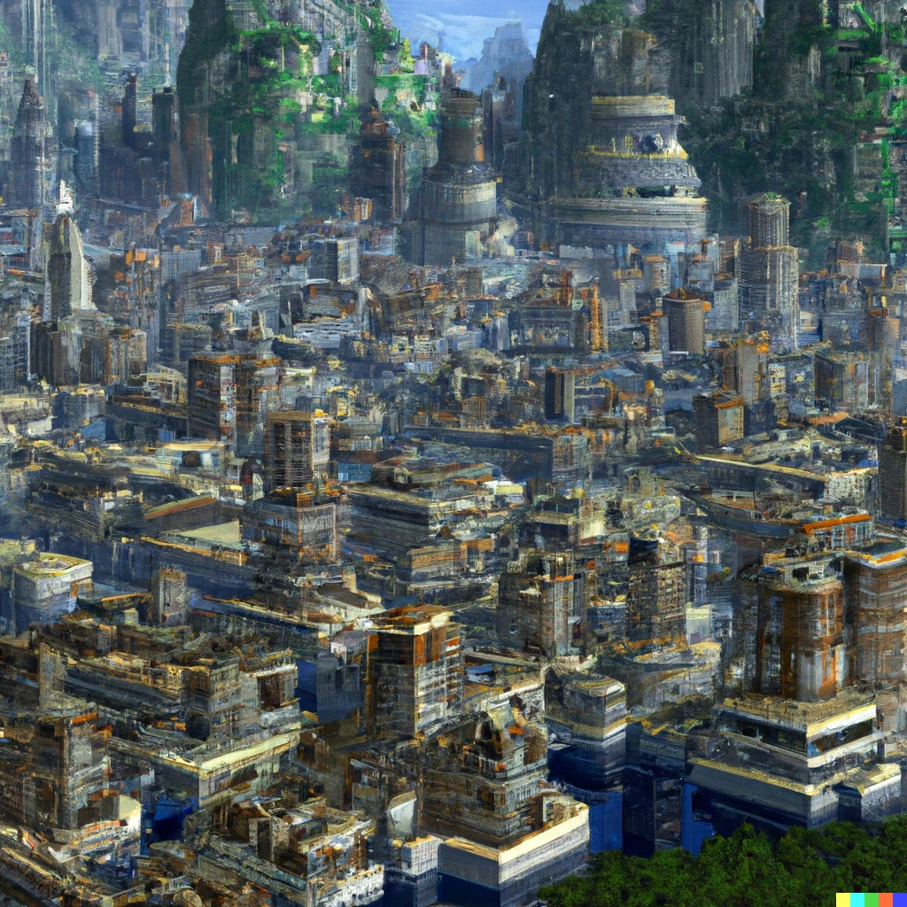 Prompt: A futuristic walled frontier city in a jungle mountain valley with a big river running on its left