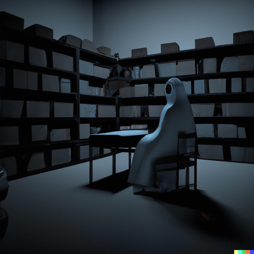 Prompt: A dark creepy library with a ghost reading a book peacefully in a 3D render.