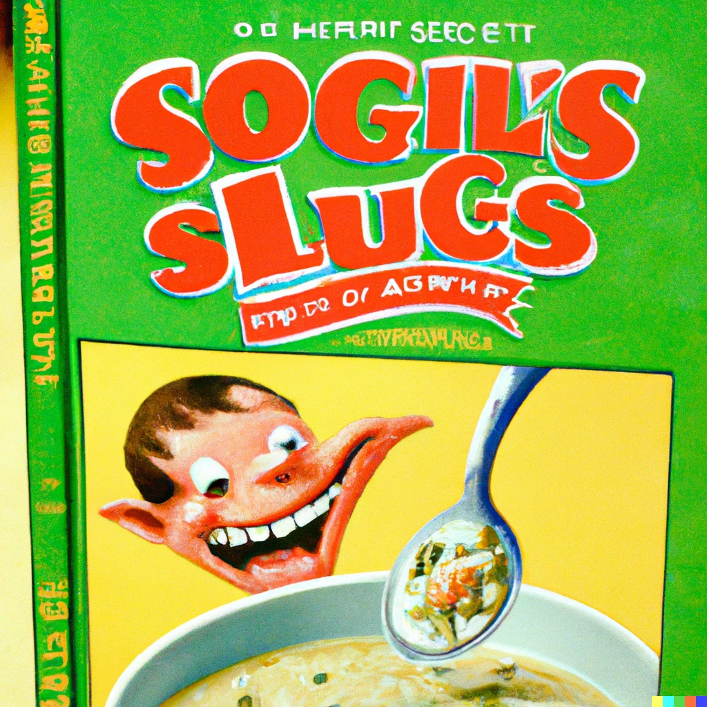 Prompt: A cereal box ad for slimy soup boogers.