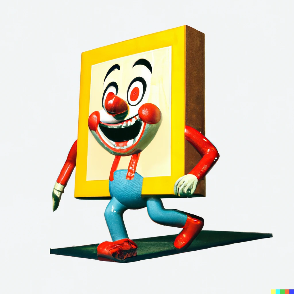 Prompt: A 3D image of a laughing mascot, walking out of a square frame, drawn by Max Fleischer.
