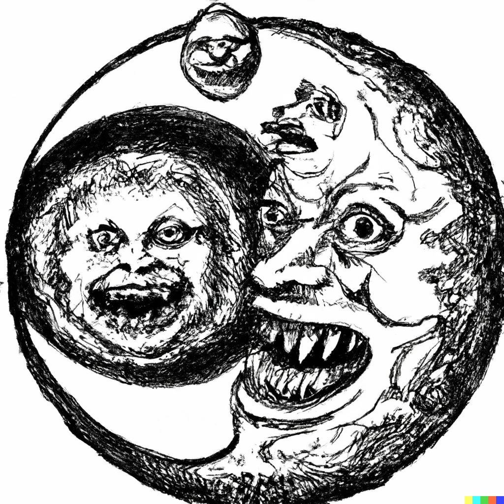 Prompt: A vintage drawing of a laughing moon and monsters.