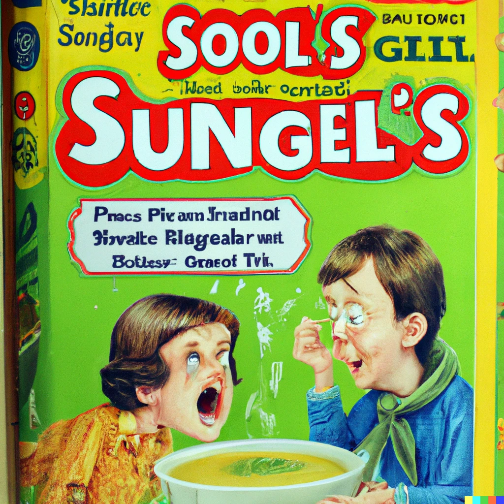 Prompt: A cereal box ad for slimy soup boogers.