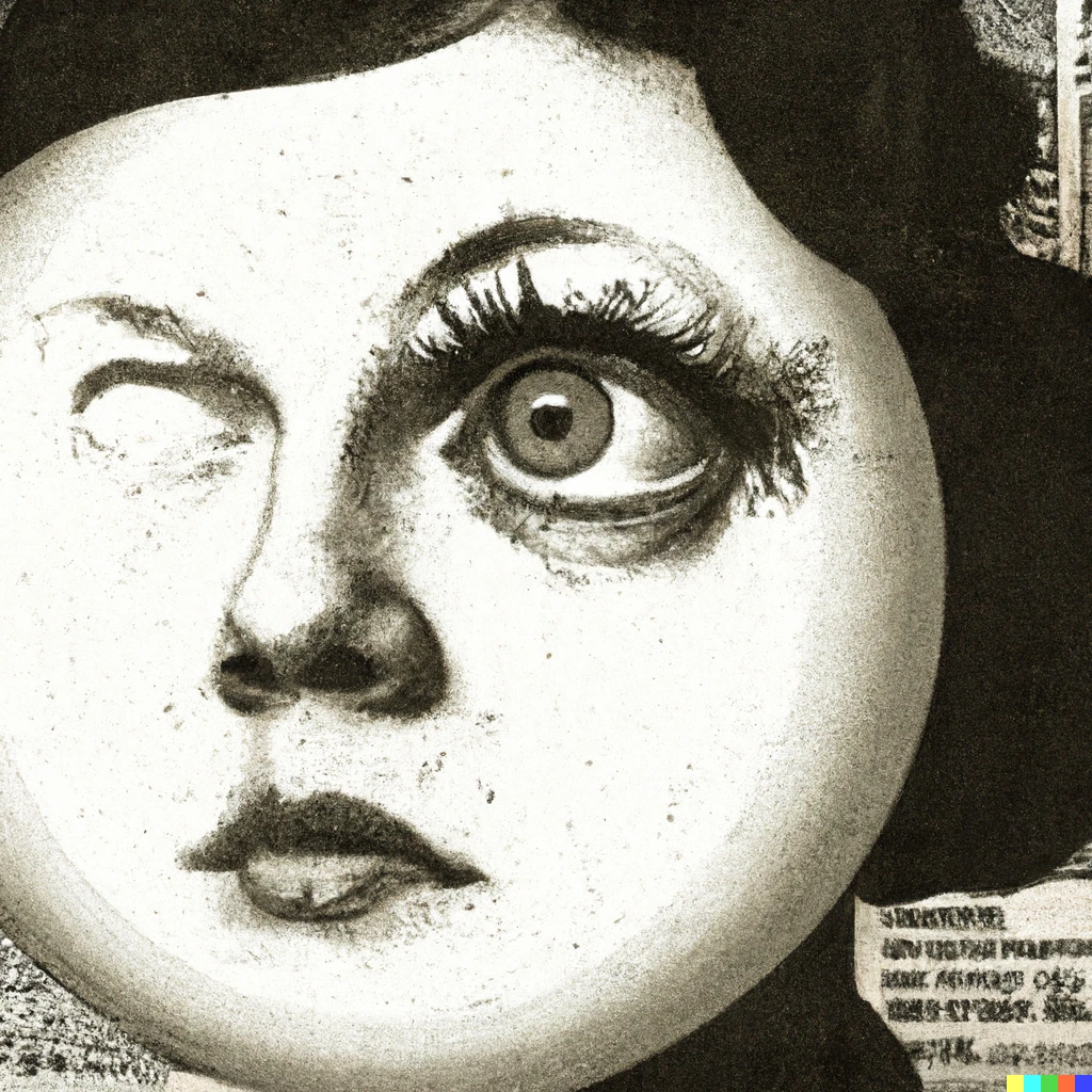 Prompt: Woman with one giant eyeball, newspaper print