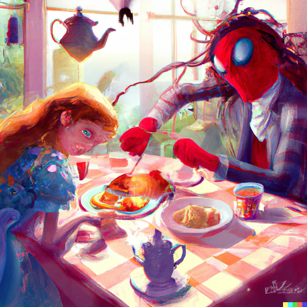 Prompt: Alice in Wonderland having a cozy breakfast with Spider Man.