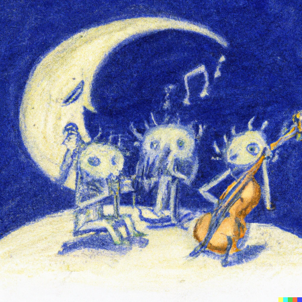 Prompt: Crayon drawing of 3 monsters playing the violin on a sleeping moon.