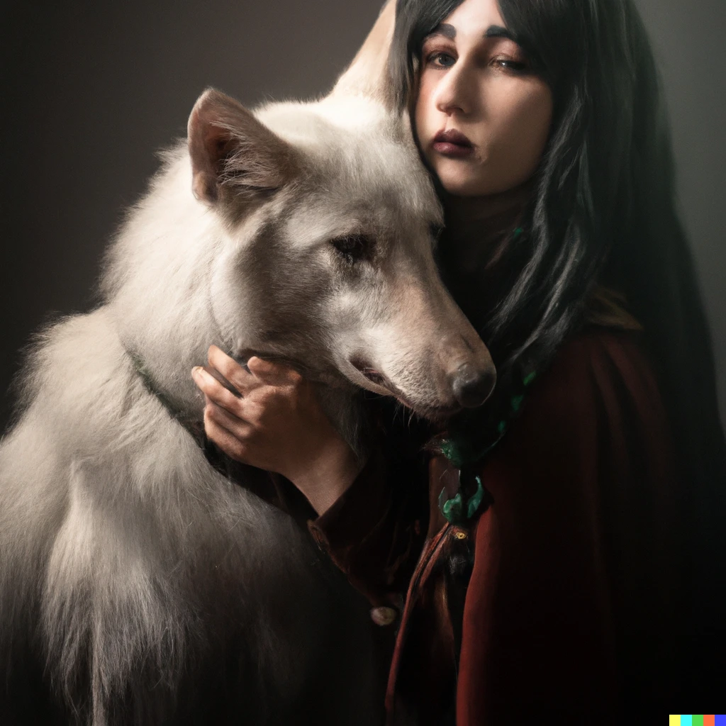 Prompt: photoshot of an elf model with a wolf