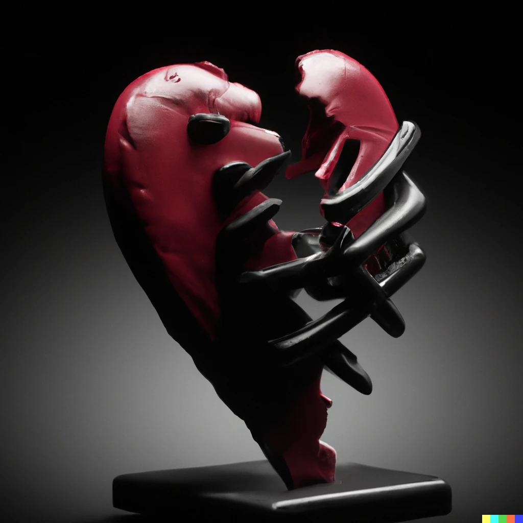 Prompt: tech noir sculpture of pain from a broken heart