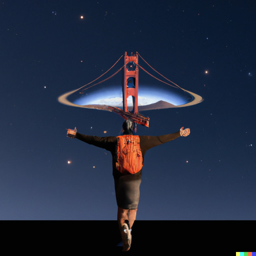 Prompt: A person wearing a San Francisco giants hat flying through space holding the Golden Gate Bridge above their head 