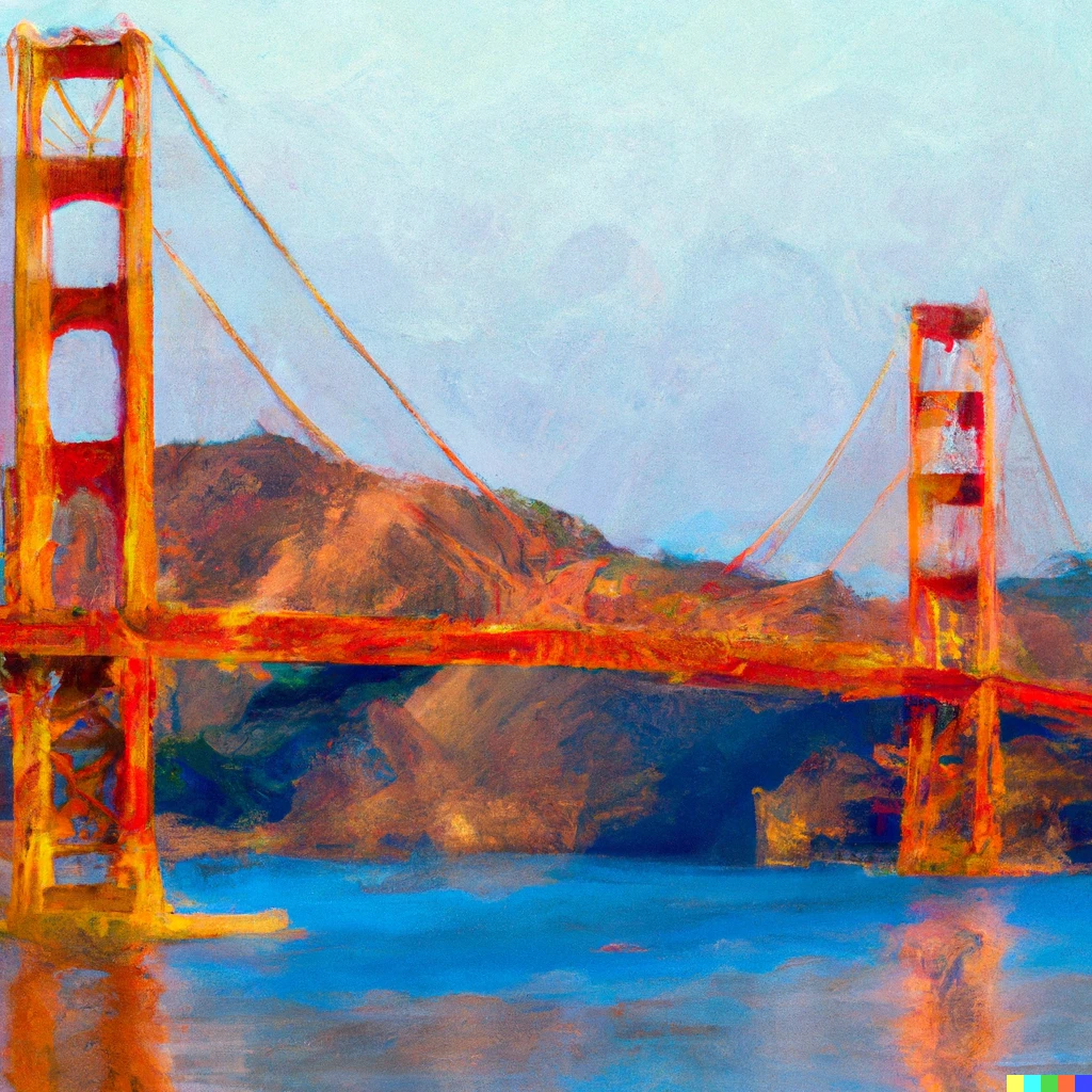 Prompt: a impressionist painting of the the golden gate bridge in san francisco