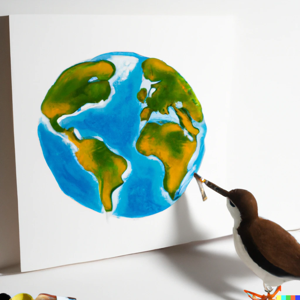 Prompt: Real Bird painting a flat style illustration of earth on a canvas