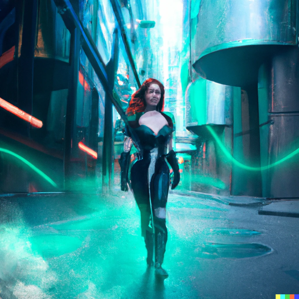 Prompt: Photo of a girl with red hair in teal space suit in center, walking in front of a dark futuristic metropolis setting, with flickering neon lights on the sides and steam coming from manholes