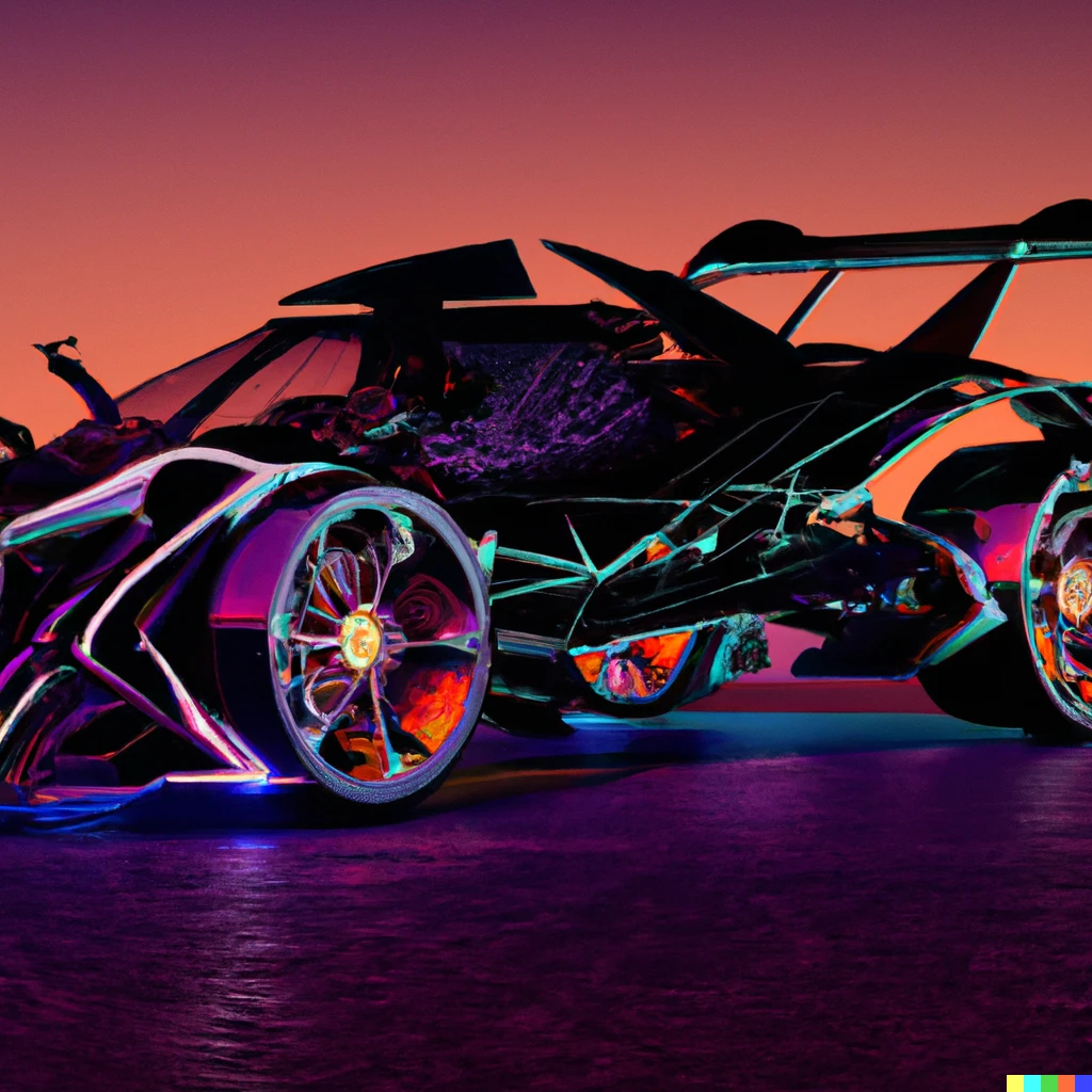 Prompt: a futuristic african super car with six wheels under neon lighting | 754