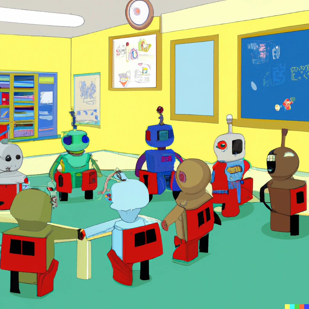 Prompt: A cartoon image of a school classroom filled with robots seated behind desks