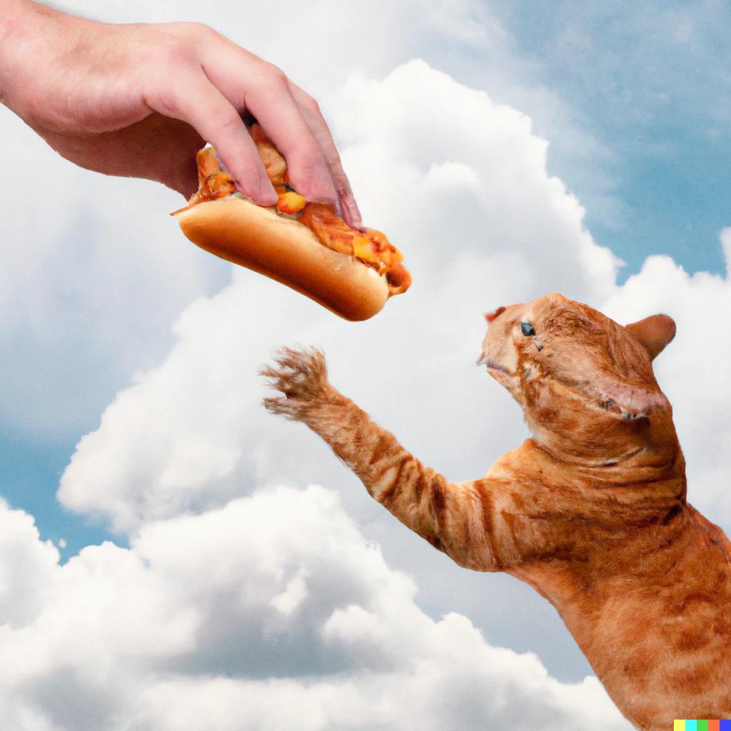 Prompt: A hand coming out of the clouds to try and grab a hot dog from an orange cat
