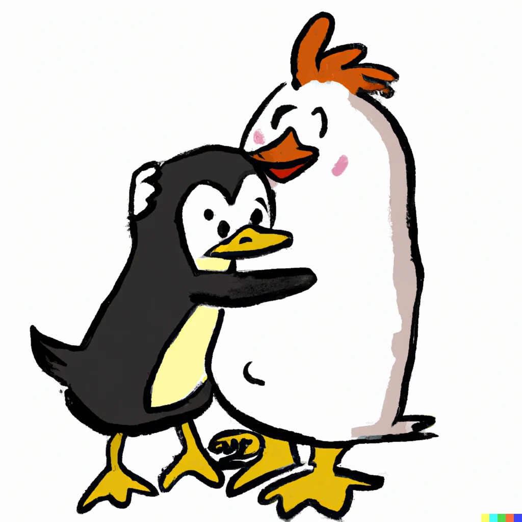 Prompt: A chicken hugging a penguin in comic style